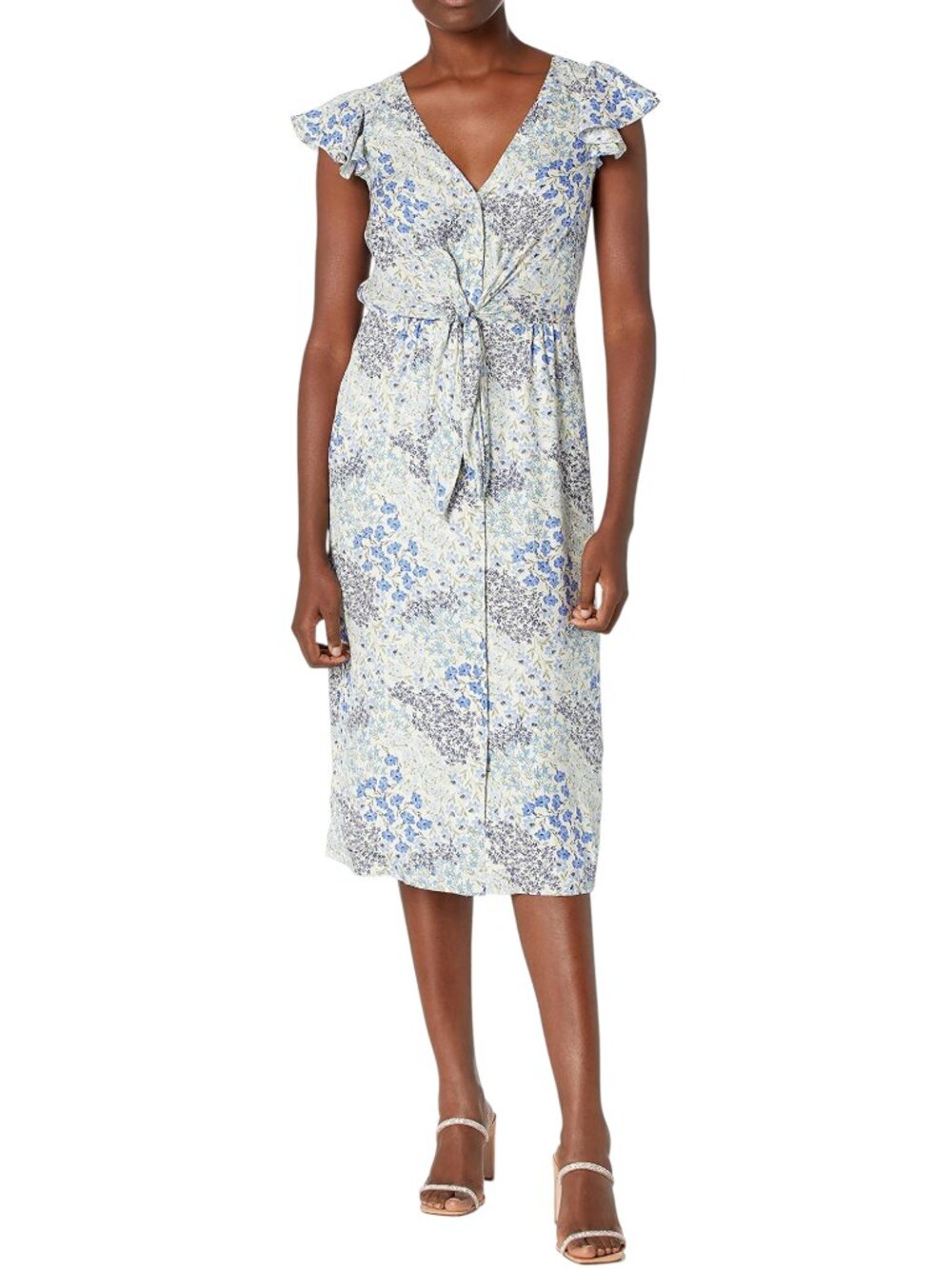 Rebecca Taylor *FLAW* Silk Midi Dress Blue Cream Floral Flutter Sleeve Size 8
